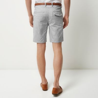 Grey gingham slim fit belted shorts